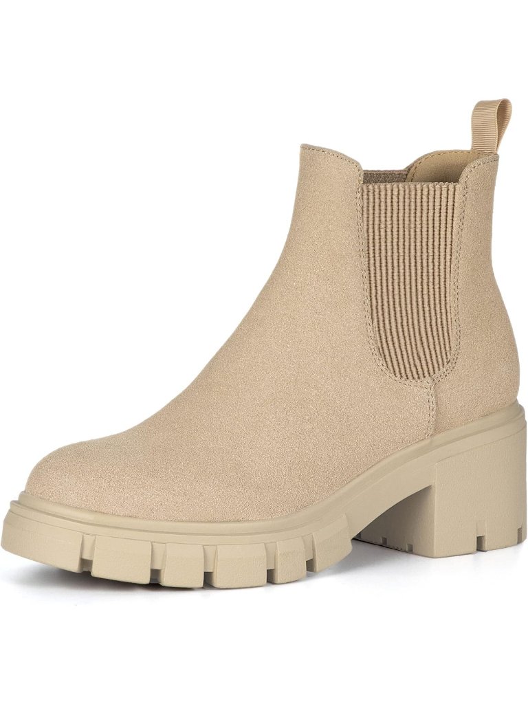 Women's Nude Suede Lug Sole Chunky Heel Slip On Elastic Ankle Fashion Booties